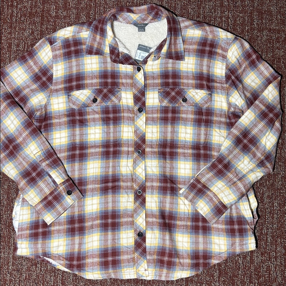 Eddie Bauer sherpa fleece lined button down flannel long sleeve shirt womens xl